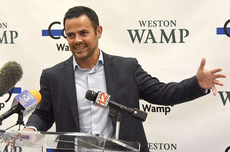 Staff Photo By Matt Hamilton / Weston Wamp speaks at the Edwin Hotel after his victory in the race for Hamilton County mayor on Thursday night.