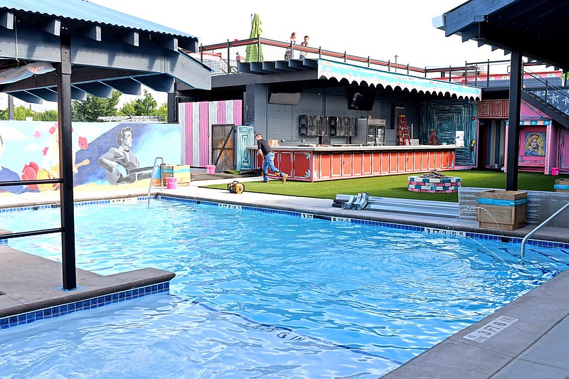 Staff Photo by Robin Rudd / A pool is a feature of the outdoor portion of Whiskey Cowgirl. Developer John Wise will be opening a new restaurant and bar, Whiskey Cowgirl, on the Southside. The Times Free Press had at look at the progress on August 5, 2022.