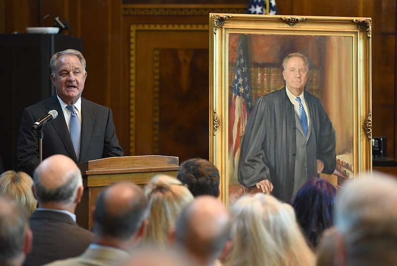 Staff photo by Matt Hamilton / Retired U.S. District Judge Harry Mattice talks after his portrait was revealed during a ceremony on Friday, August 5, 2022 at the Joel Solomon U.S. Courthouse and Federal Building. 