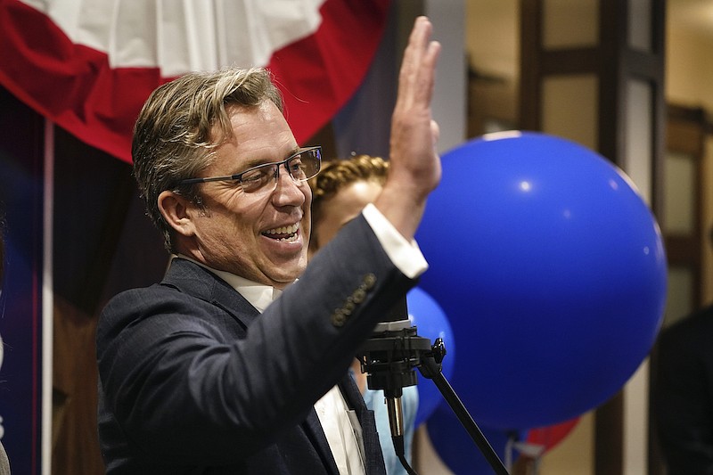 Andy Ogles speaks to supporters after being declared the winner in Tennessee's 5th Congressional District Republican primary, Aug. 4, 2022, in Franklin, Tenn. (AP Photo/Mark Humphrey)