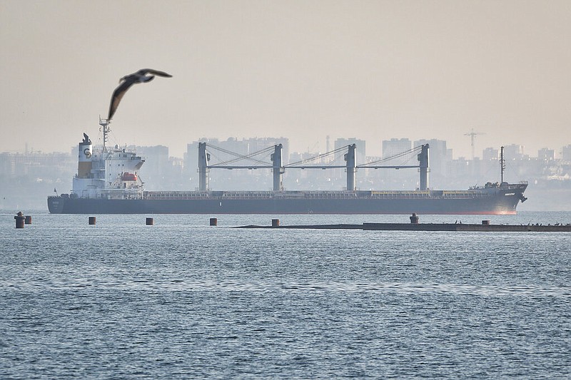 The ship Navi-Star carrying a load of corn starts its way from the port in Odesa, Ukraine, Friday, Aug. 5, 2022. Ukraine is a major global grain supplier but the war had blocked most exports, so the July 22 deal aimed to ease food security around the globe. World food prices have been soaring in a crisis blamed on the war, supply chain problems and COVID-19. (AP Photo/Nina Lyashonok)