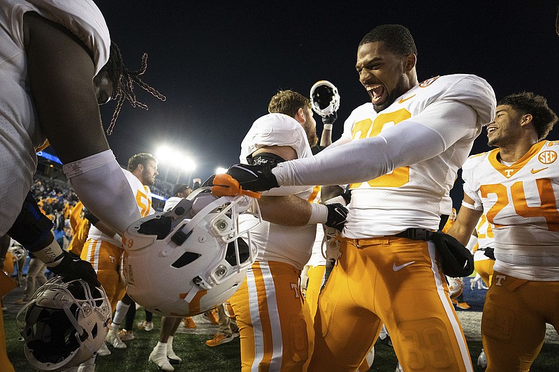 AP photo by Michael Clubb / Tennessee linebacker Solon Page III dances in celebration after the team's win at Kentucky in November 2021.