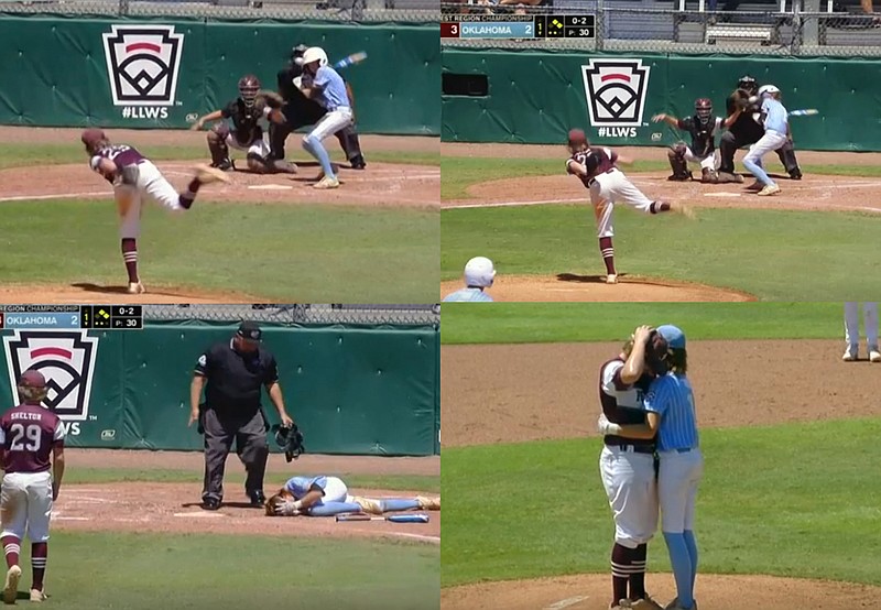 In this combination of photos from video provided by ESPN, pitcher Kaiden Shelton (29), of Pearland, Texas, throws to batter Isaiah Jarvis, of Tulsa, Okla., when an 0-2 pitch got away from him and slammed into Jarvis' helmet during a Little League Southwest Regional Playoff baseball final, Tuesday, Aug. 9, 2022, in Waco, Texas. Jarvis fell to the ground clutching his head as his concerned coaches ran to his aid. Jarvis walked to the mound and put his arms around Shelton, telling him, "Hey, you're doing great. Let's go." (ESPN via AP)