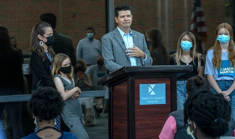 John Partipilo / Tennessee Lookout / Jason Martin is shown at his 2021 campaign announcement. Martin narrowly defeated Memphis City Councilman JB Smiley to win the Democratic nomination for governor last week and will face Republican incumbent Bill Lee in the November general election.