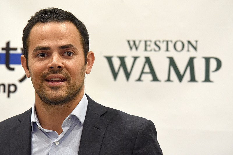 Staff file photo by Matt Hamilton / Weston Wamp speaks at the Edwin Hotel in Chattanooga after winning the Aug. 4 county mayoral election.