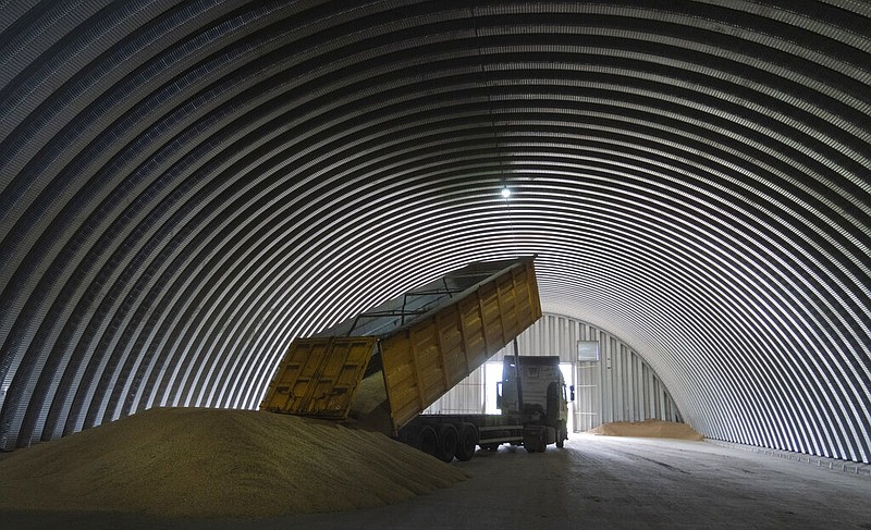 A dump track unloads grain in a granary in the village of Zghurivka, Ukraine, Tuesday, Aug. 9, 2022. A ship approached Ukraine on Friday, Aug. 12, 2022, to pick up wheat for hungry people in Ethiopia, in the first food delivery to Africa under a U.N.-brokered plan to unblock grain trapped by Russia's war and bring relief to some of the millions worldwide on the brink of starvation. (AP Photo/Efrem Lukatsky, File)