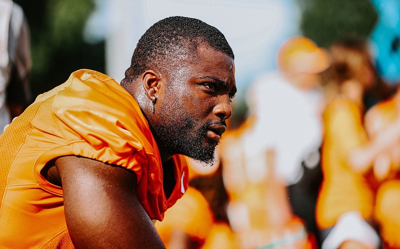 Tennessee Athletics photo / Tennessee edge rusher and preseason All-SEC candidate Byron Young takes a breather during a recent practice in Knoxville.