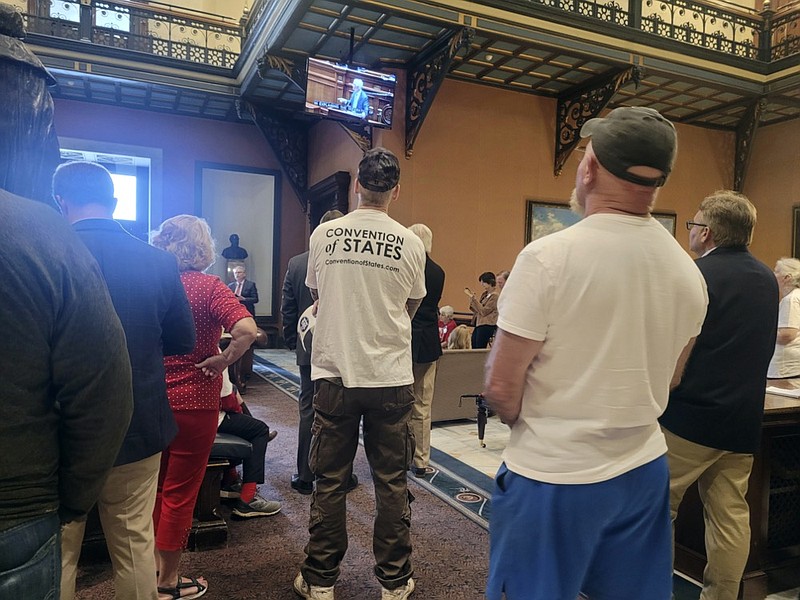 Supporters of a proposal that would add South Carolina to a list of states calling for a U.S. constitutional convention to consider term limits and a balanced budget requirement watch the state Senate debate on March 8, 2022, in Columbia, S.C. (AP Photo/Jeffrey Collins, File)