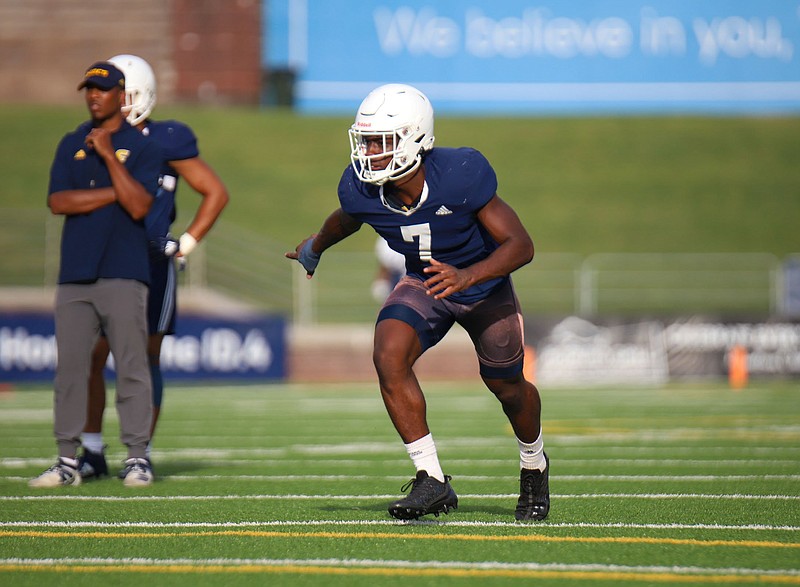 Staff photo by Olivia Ross / UTC defensive back Reuben Lowery III practices Tuesday at Finley Stadium. Lowery has played in all 16 games his first two seasons with the Mocs, but he is a candidate for an even bigger role this year in a secondary in need of new starters.