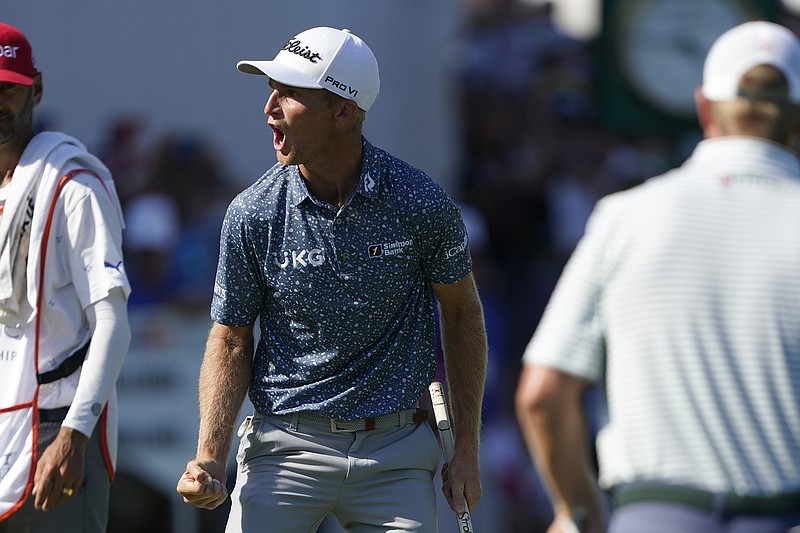 AP photo by Mark Humphrey / Will Zalatoris celebrates after making a putt on the 18th green during the final round of the FedEx St. Jude Championship on Sunday at TPC Southwind in Memphis. Zalatoris went on to defeat Sepp Straka on the third hole of a playoff to win the opening event of the FedEx Cup playoffs and earn his first win on the PGA Tour.