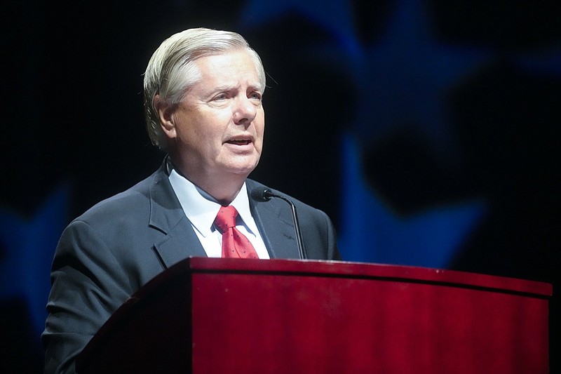 FILE - Sen. Lindsey Graham, R-S.C., addresses a South Carolina GOP dinner July 29, 2022, in Columbia, S.C. Graham has brought on former President Donald Trump's former White House counsel Don McGahn, who was in federal court in Atlanta last week as part of a legal team fighting a subpoena for Graham(AP Photo/Meg Kinnard, File)